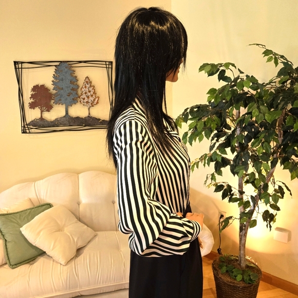 Leslie Fay Black & White Striped Woman's Ling Sleeve Blouse Size 8 Petite - Picture 3 of 16